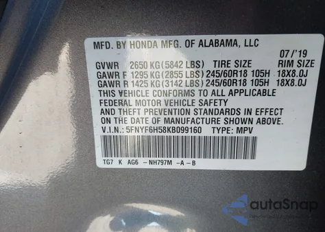 2019 Honda Pilot Ex-L z USA, uszkodzony, nr VIN 5FNYF6H58KB099160